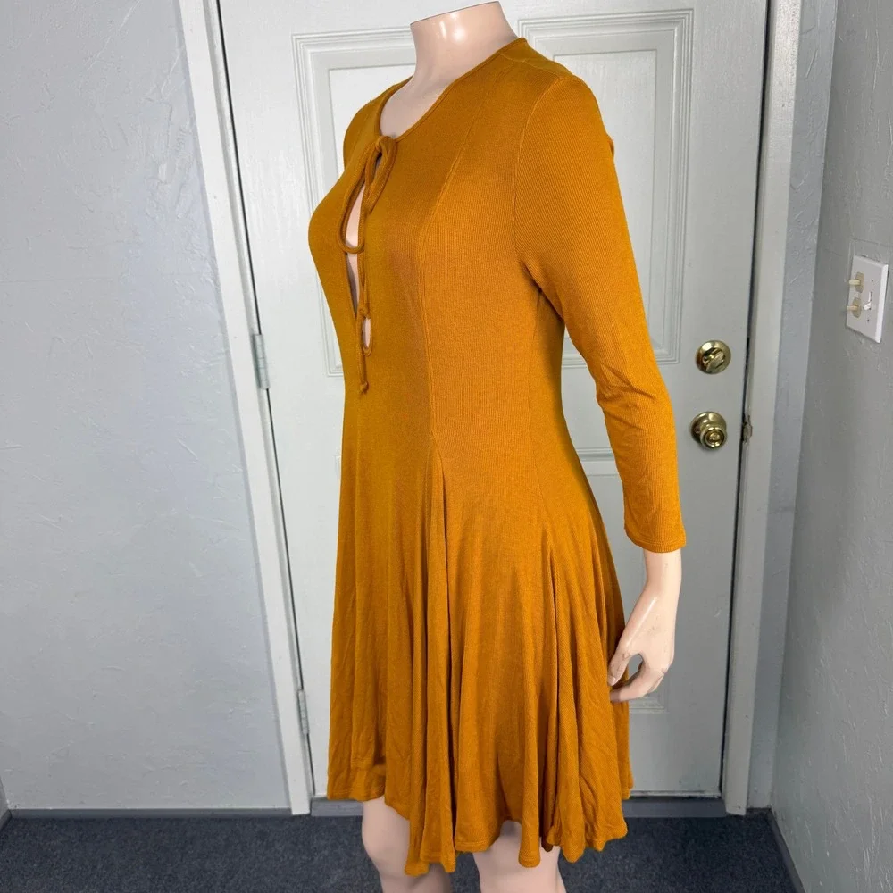 Free people Beach Women's Dress XS Picnic Mustard Yellow Tie Long sleeve Z4-9